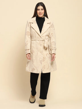 Beige Poly Acrylic Embroidered Relaxed Fit Long Coat For Winter