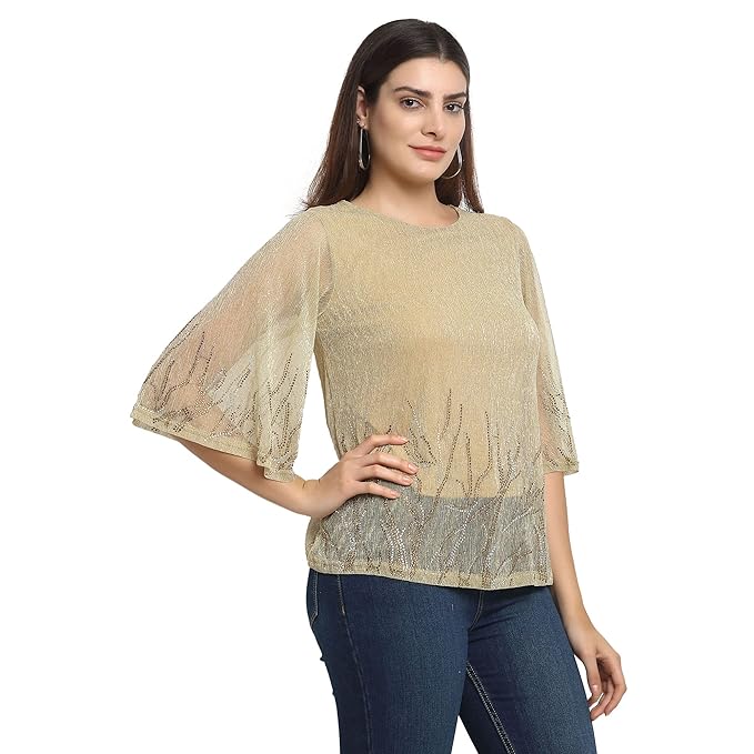 Women Gold Round Neck Solid Top