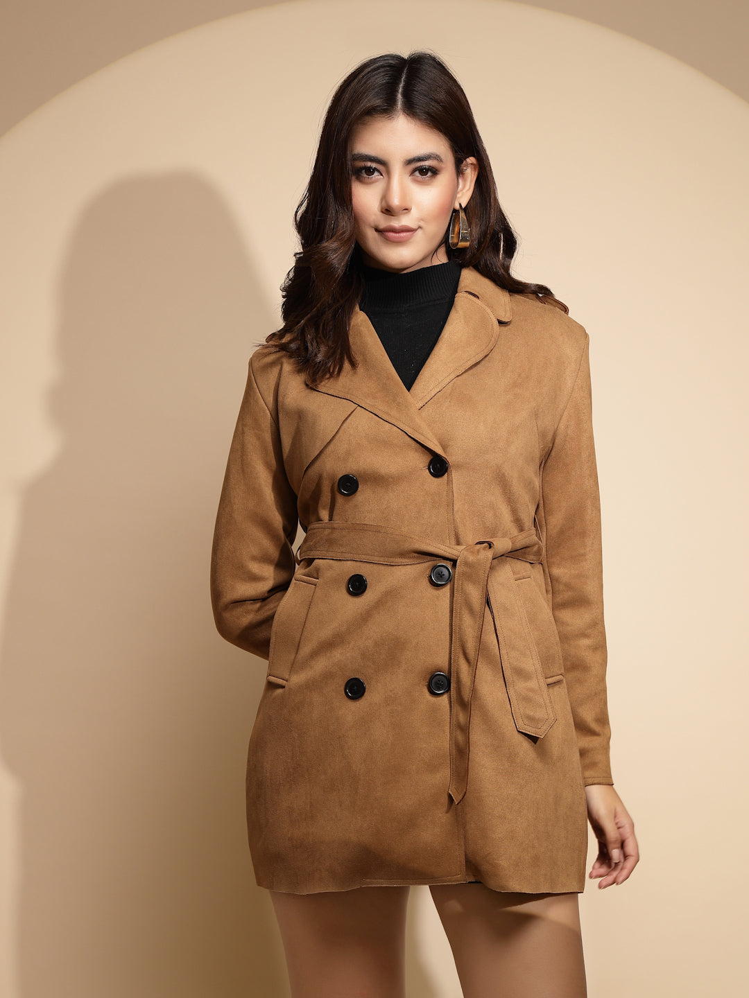 Women Brown Solid Collared Neck Full Sleeve Wool Blend Coat
