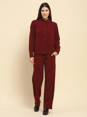 Burgundy Poly Blend Solid Relaxed Fit Co-Ord Sets