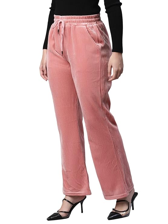 Women Pink Polyester Blend Corduroy High Rise Flared Leg Lower