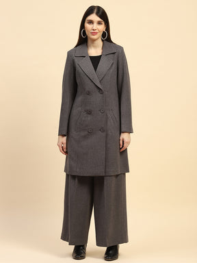 Dark Grey Solid Poly Viscose Relaxed Fit Coat With Trouser Winter Set