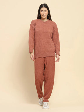 Brown Poly Blend Solid Relaxed Fit Lounge Wear For Winter