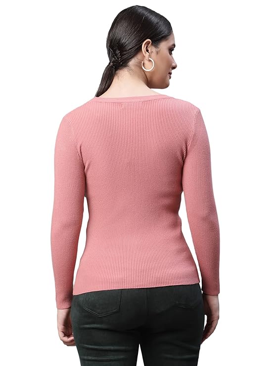 Women Round Neck Dark Pink Regular Fit Knitted Pullover