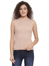 Women Beige Slim Fit Sleeveless Skivvy