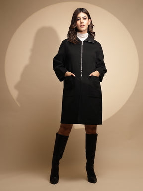 Women Black Solid Collared Neck Full Sleeve Woolen Coat