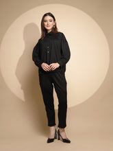 Women Black Solid Mandarin Collar Neck Full Sleeve Night Set