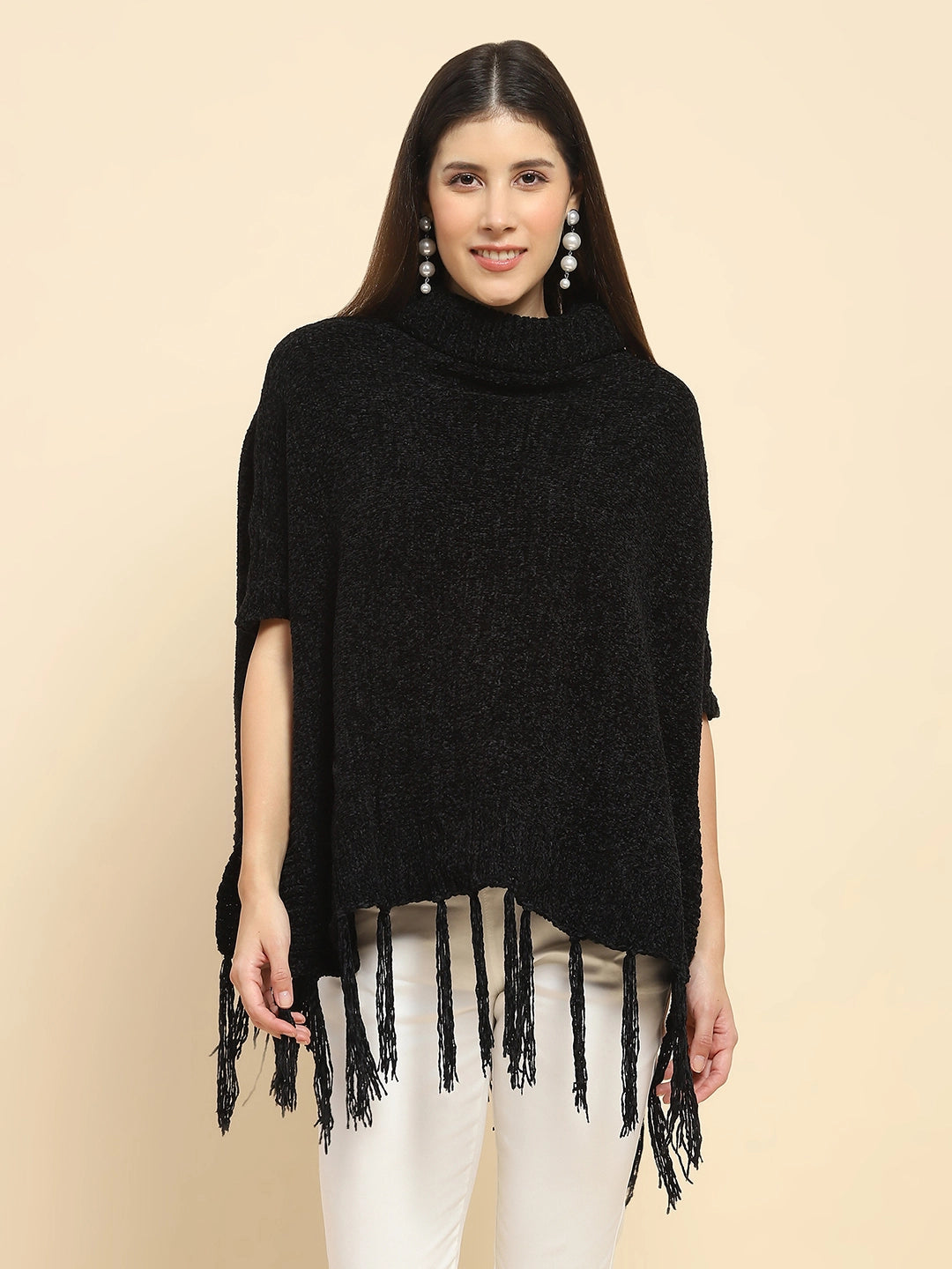 Black Poly Blend Solid Knit Loose Fit Poncho