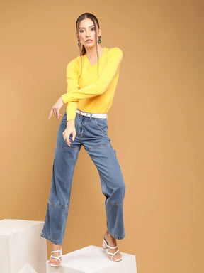 Women Blue Continuous Waistband Straight Leg High Rise Jeans