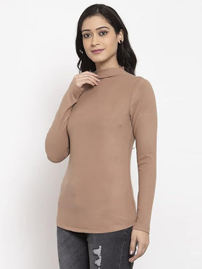 Women Turtle Neck Brown Full Sleeves Top