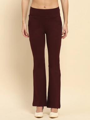 Wine Poly Blend Solid Bootcut Stretchable Slim Fit Trouser