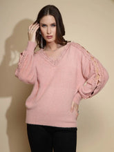Pink Solid Full Sleeve V-Neck Acrylic Pullover