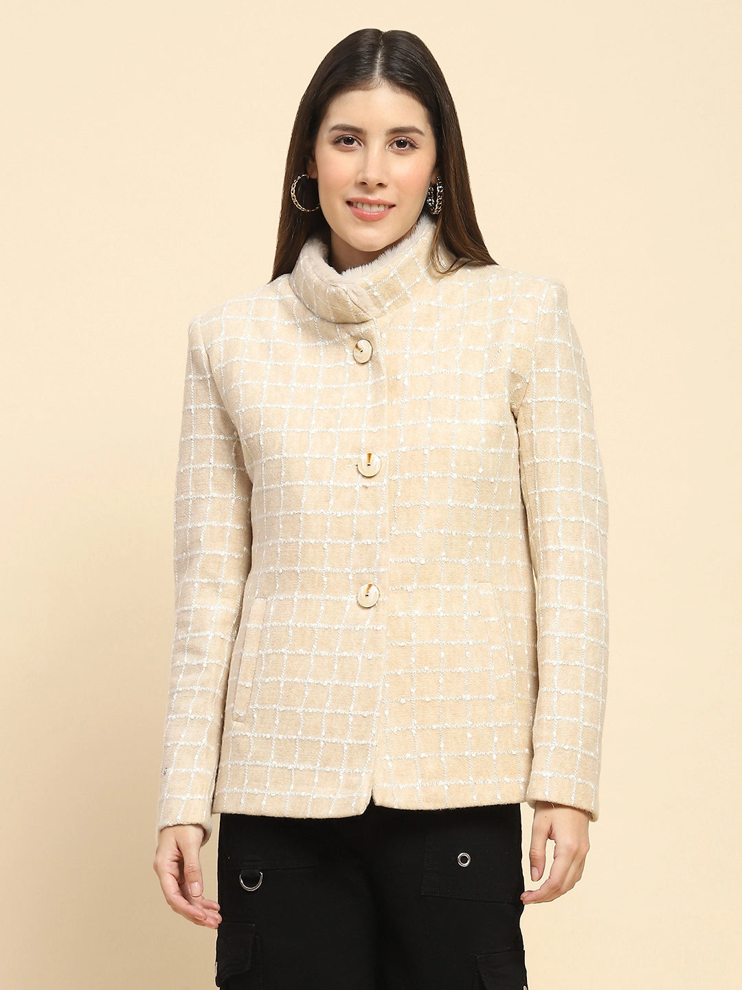 Natural Beige Poly Acrylic Checkered Regular Fit Coat For Winter