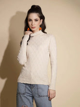 Beige Solid Full Sleeve Turtle Neck Knitted Skivvy