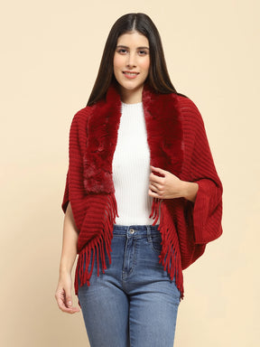 Maroon Acrylic Knitted Relaxed Fit Cape