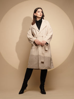 Women White Solid Collared Neck Full Sleeve Seude Long Wrap Coat