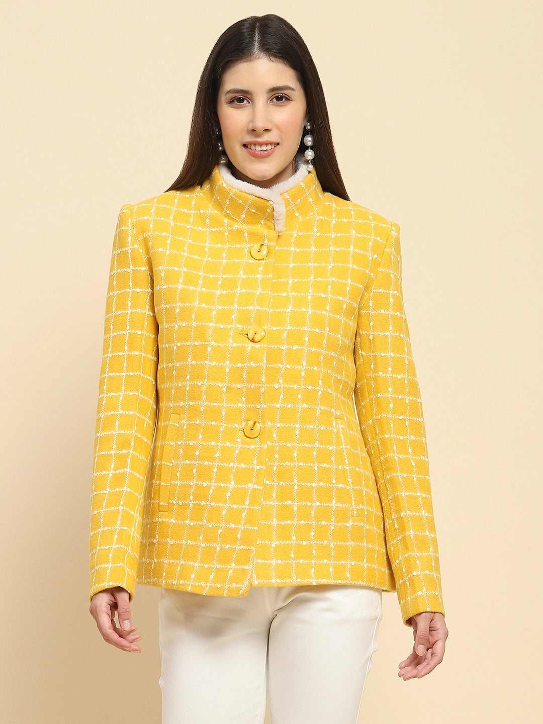 Mustard Poly Acrylic Checkered Regular Fit Coat For Winter