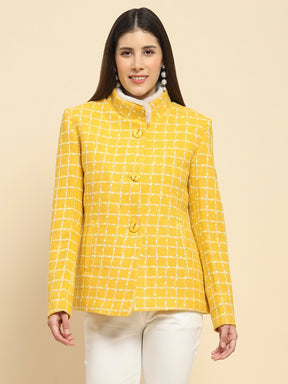 Mustard Poly Acrylic Checkered Regular Fit Coat For Winter