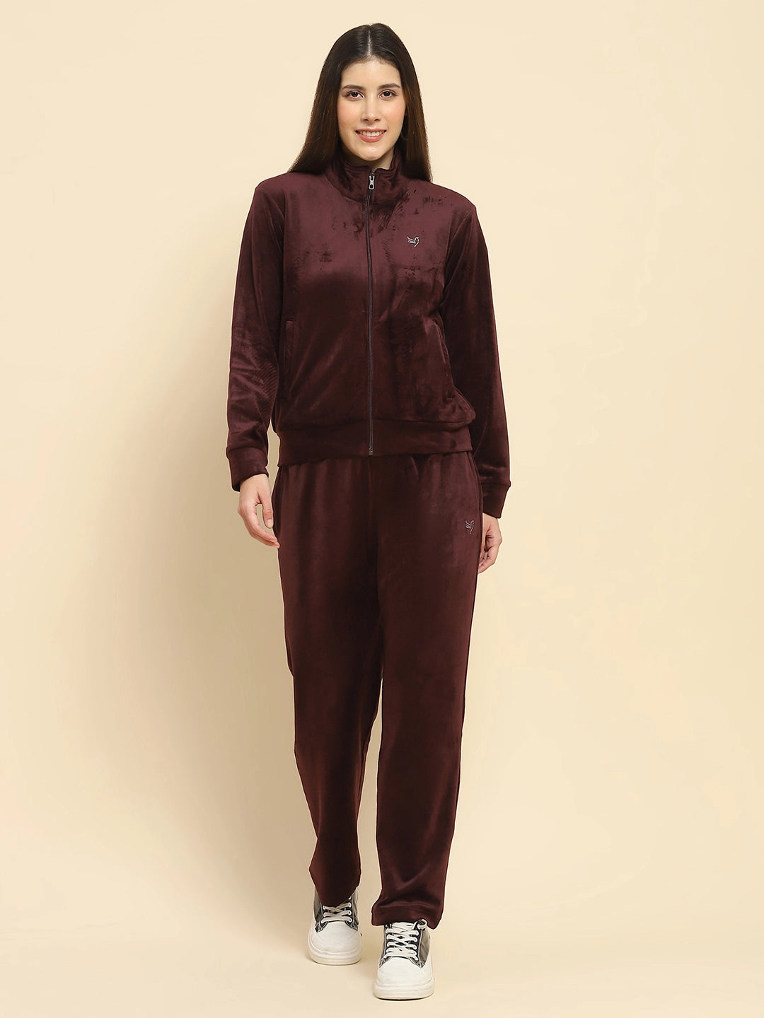 Burgundy Velvet Solid Relaxed Fit Night Suit Set For Winter