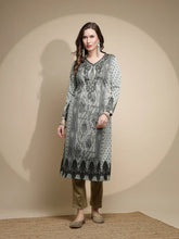 Women Light Green Printed Kurta V-Neck Woolen With Full Sleeve