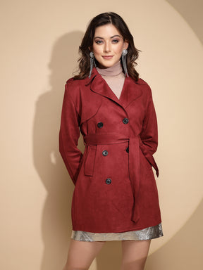 Women Maroon Solid Collared Neck Full Sleeve Wool Blend Coat