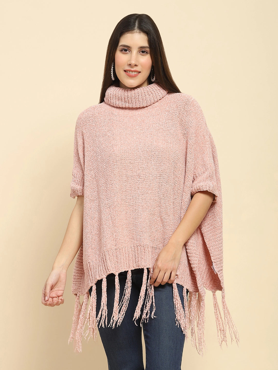 Dusty Pink Poly Blend Solid Knit Loose Fit Poncho