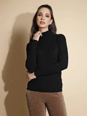 Black Solid Full Sleeve Turtle Neck Knitted Skivvy