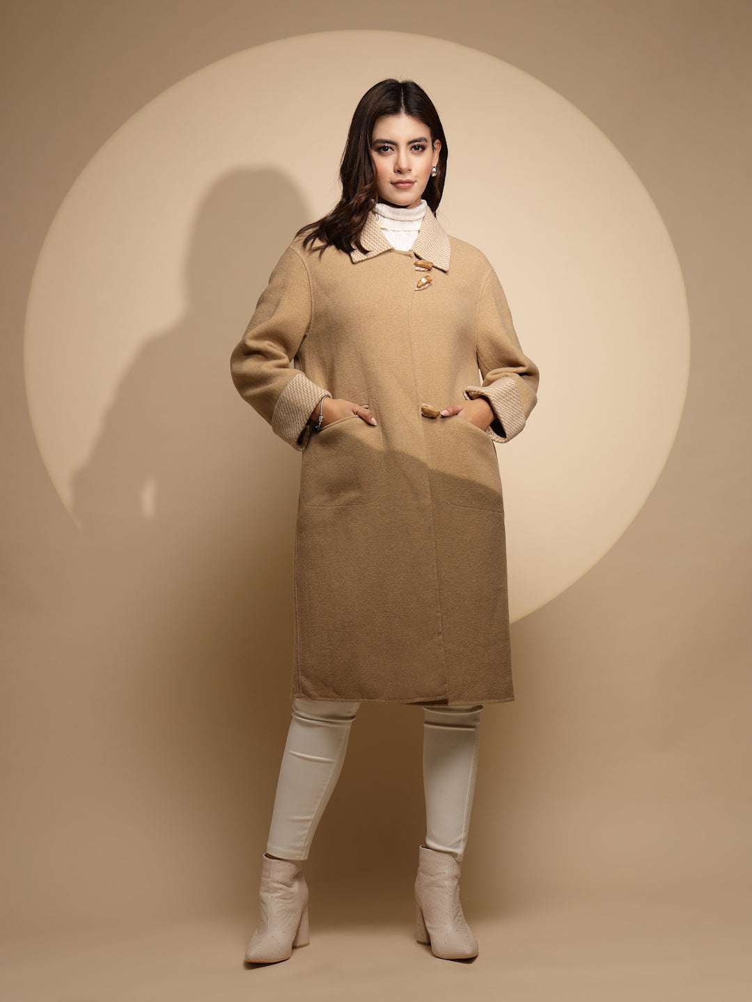 Women Beige Solid Collared Neck Full Sleeve Wool Coat