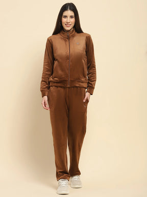 Brown Velvet Solid Relaxed Fit Night Suit Set For Winter