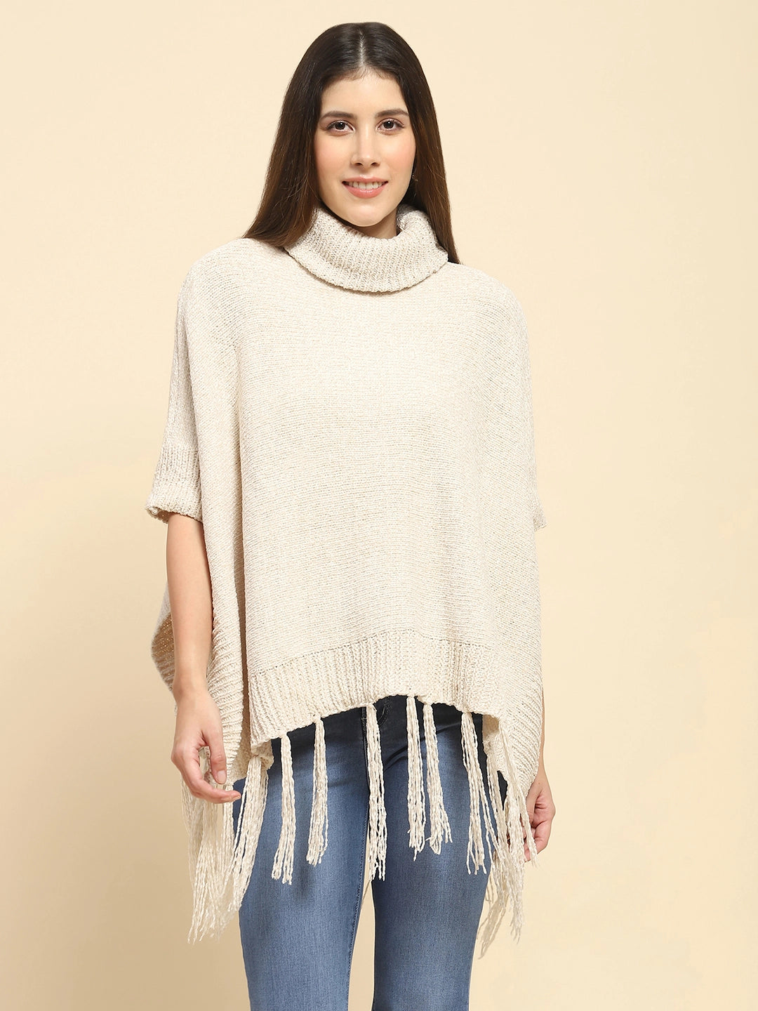 Beige Poly Blend Solid Knit Loose Fit Poncho