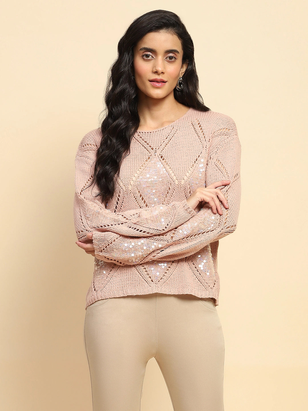 Dusty Pink Acrylic Relaxed Fit Pullover For Winter