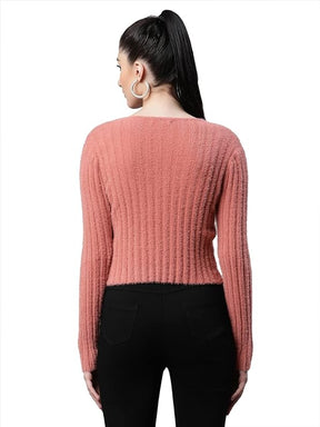 Women Feather Blush Pink Knit Slim Fit Casual Cardigan
