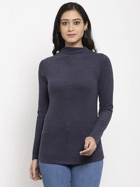 Women Turtle Neck Navy Blue Full Sleeves Skivvy