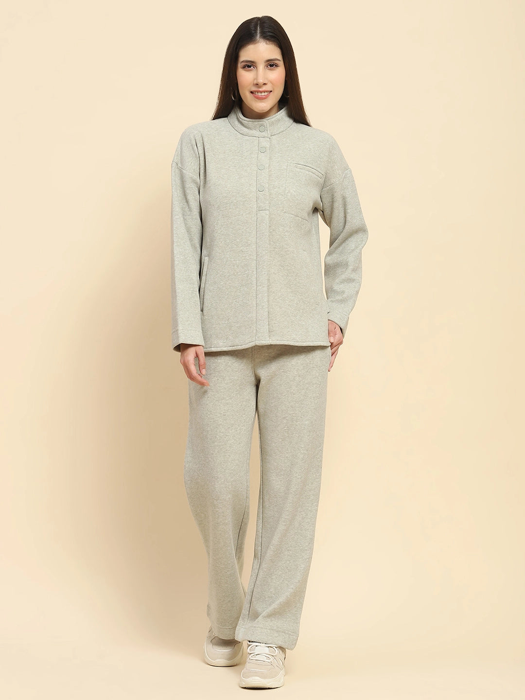 Pista Mélange Poly Blend Solid Relaxed Fit Night Suit For Winter