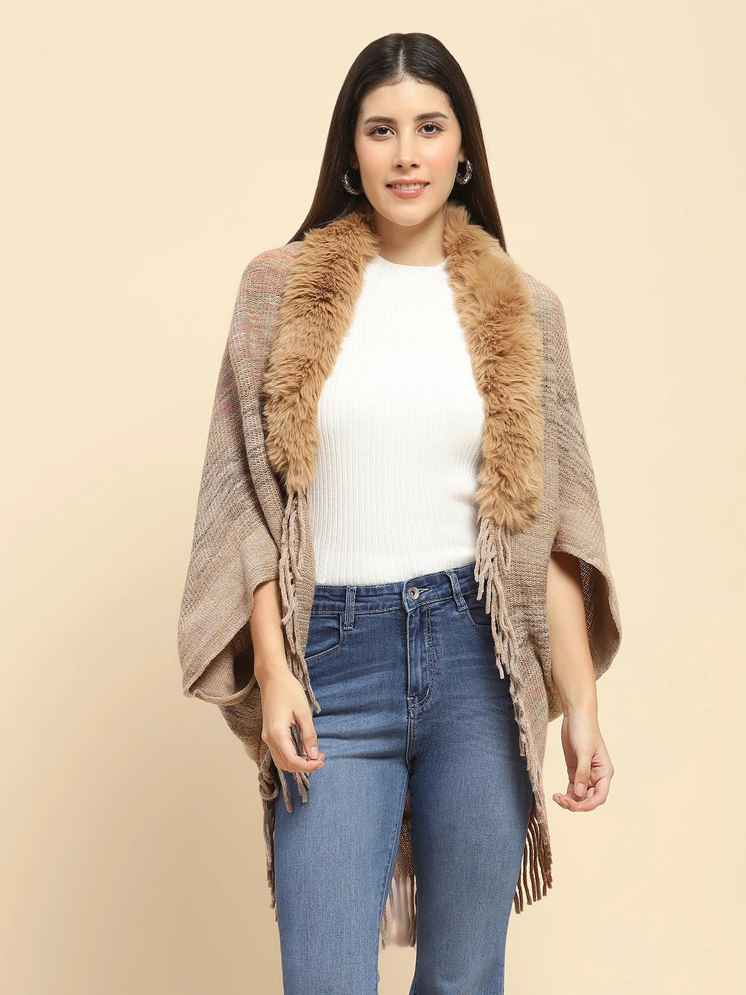 Khaki Mélange Acrylic Knitted Relaxed Fit Cape