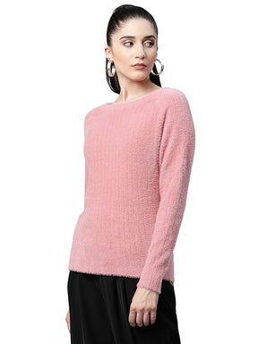 Women Pile knit Pink Woolen Regular Fit Casual Pullover