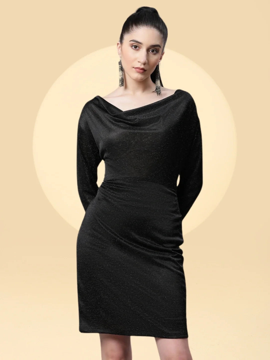 Women Gold Lurex Black Hosiery Sheath Party Dress