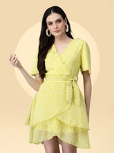 Women Lemon V Neck Printed Wrap Dress