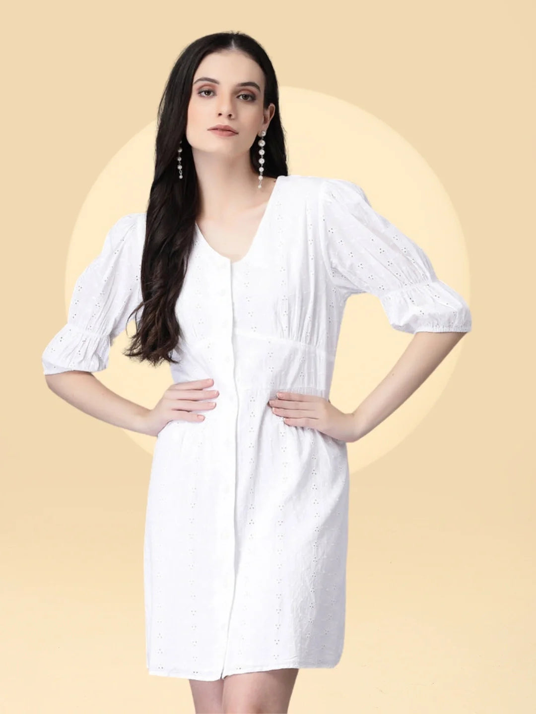 Women White V Neck Embroidered Flared Dress