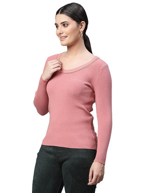 Women Round Neck Dark Pink Regular Fit Knitted Pullover