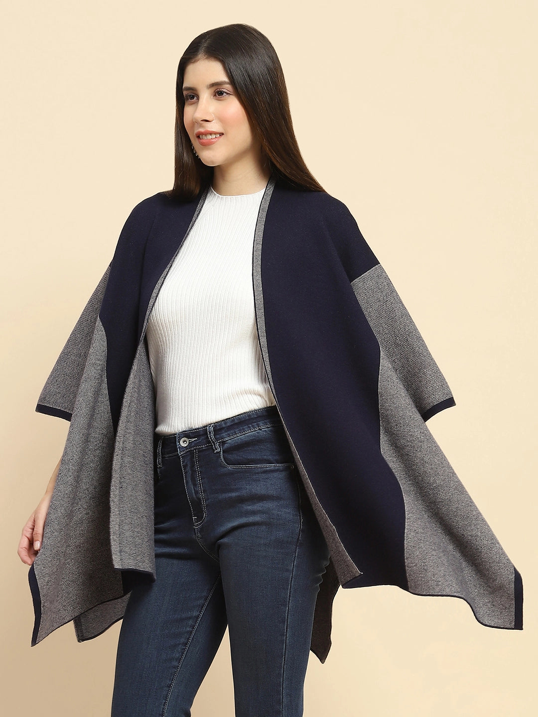 Navy Blue Poly Blend Printed Loose Fit Winter Shrug