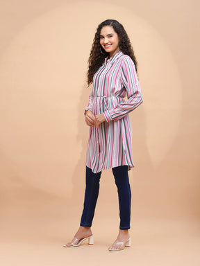 Women Straight Fit Pink & Multi Color Vertical Lines Tunic