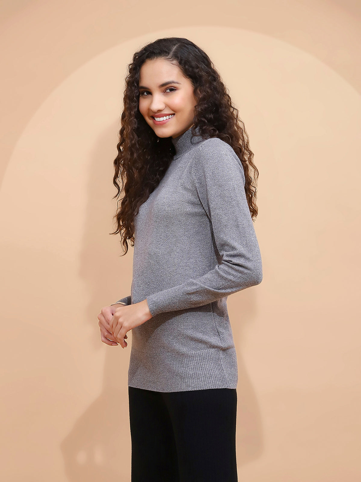Women Grey And Silver Turtle Neck Full Sleeve Snug Fit Skivvy