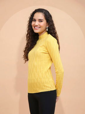 Mustard Solid Poly Viscose Slim Fit High Neck Skivvy Pullover