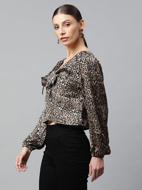 Women Leopard Printed Bishop Sleeves Brown Party Blouson Top