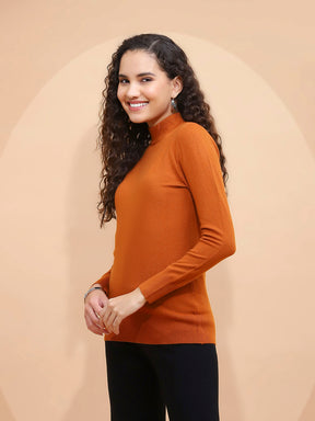 Women Rust Turtle Neck Full Sleeve Snug Fit Skivvy