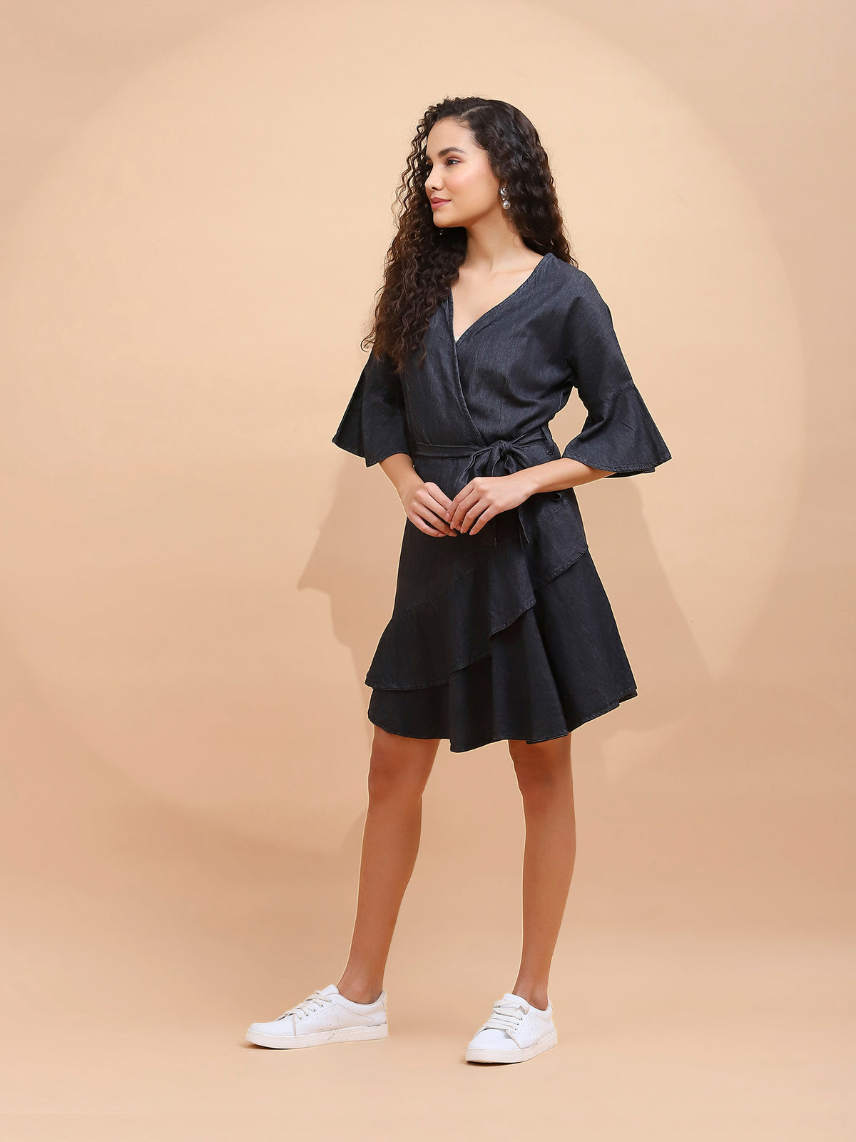 Women Charcoal Black Cotton Blend Flared Wrap Dress