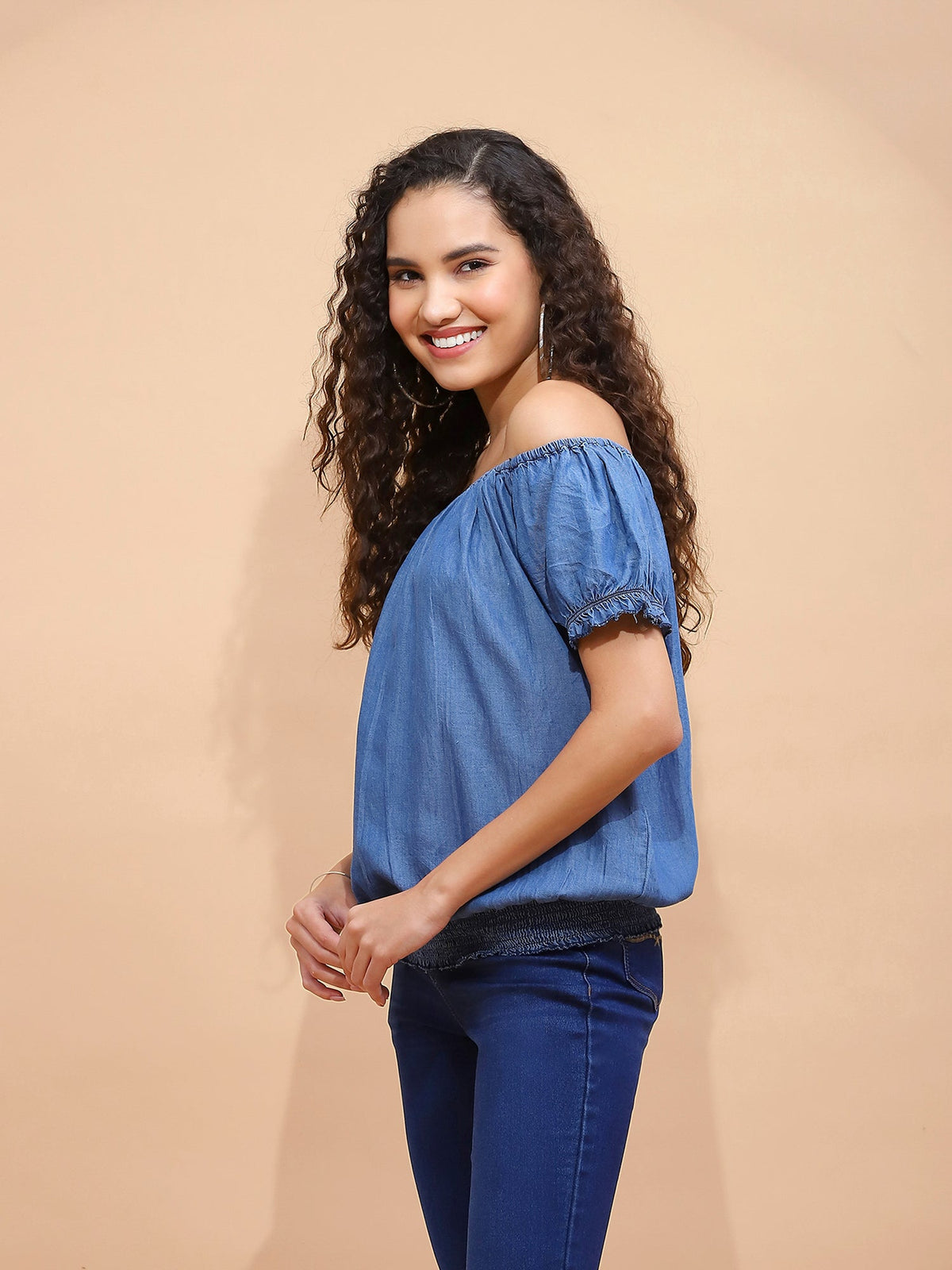 Women Blue Cotton Blend Off Shoulder Regular Fit Casual Top