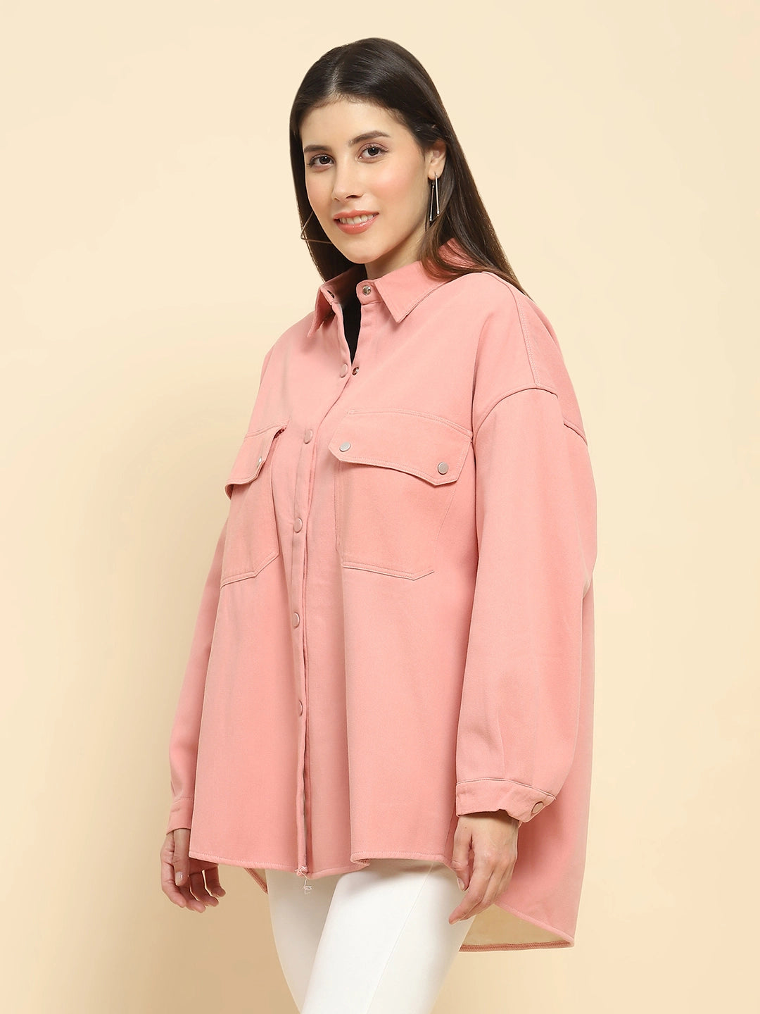 Pink Cotton Solid Oversized Shacket With Fleece Lining For Winter