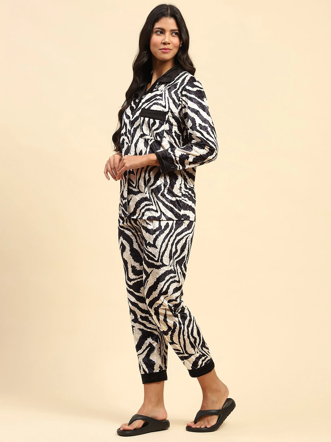 Black Zebra Print Poly Blend Relaxed Fit Night Suit